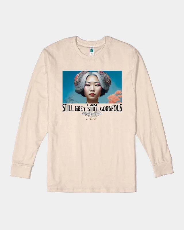 Promoting Asian women with silver grey Unisex Long Sleeve Tee | Lane Seven