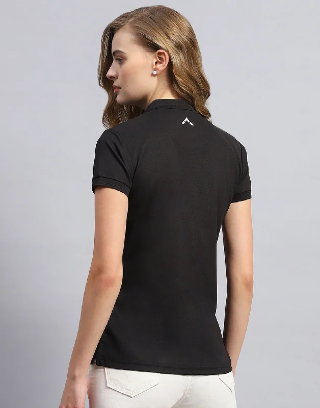 Women Black Solid Polo Collar Half Sleeve T-Shirt