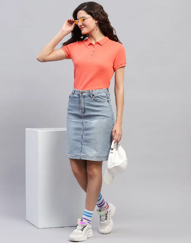 Women Coral Solid Collar Half Sleeve T-Shirt