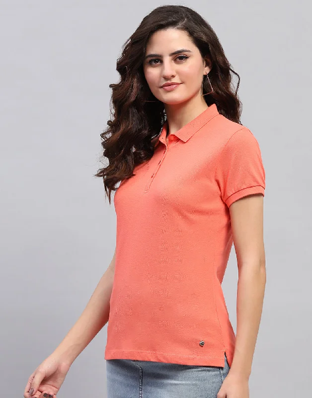 Women Coral Solid Collar Half Sleeve T-Shirt