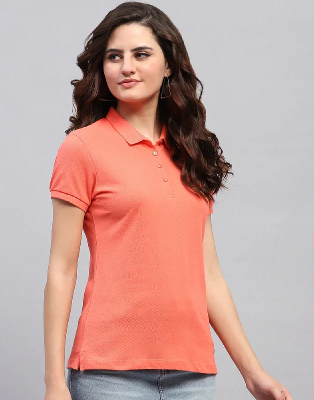 Women Coral Solid Collar Half Sleeve T-Shirt