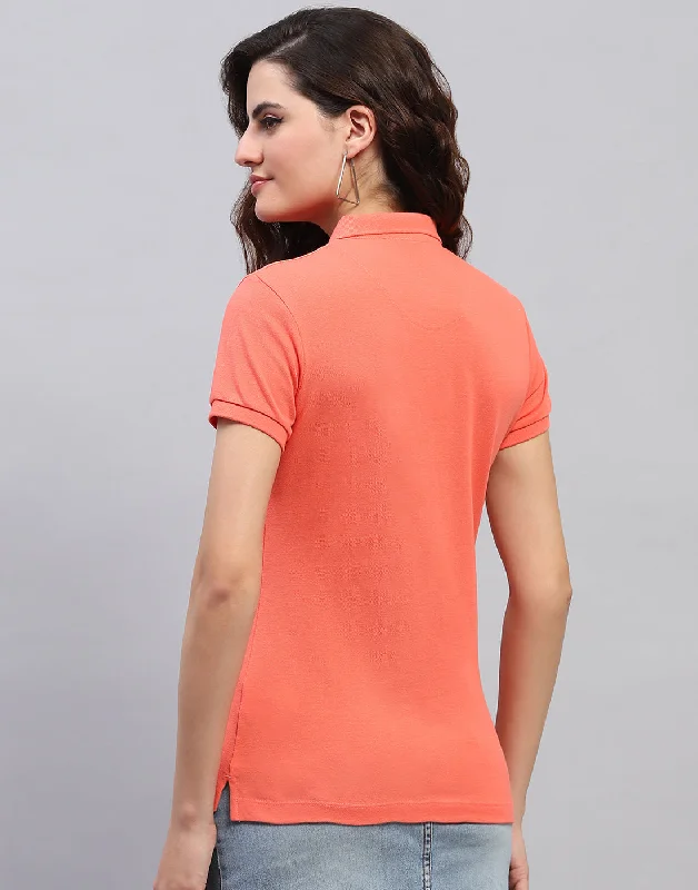 Women Coral Solid Collar Half Sleeve T-Shirt