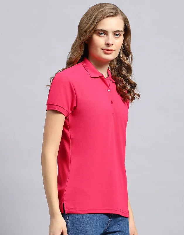 Women Pink Solid Polo Collar Half Sleeve T-Shirt