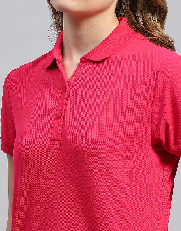 Women Pink Solid Polo Collar Half Sleeve T-Shirt