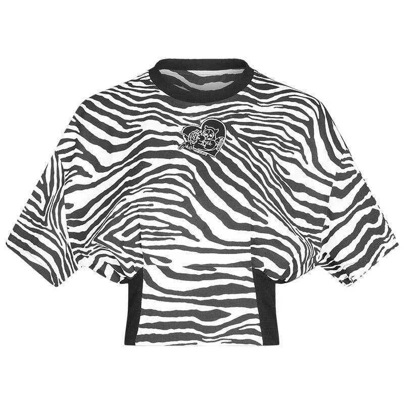 Women's Grunge Zebra Printed High-waisted Black Short Sleeved T-shirt