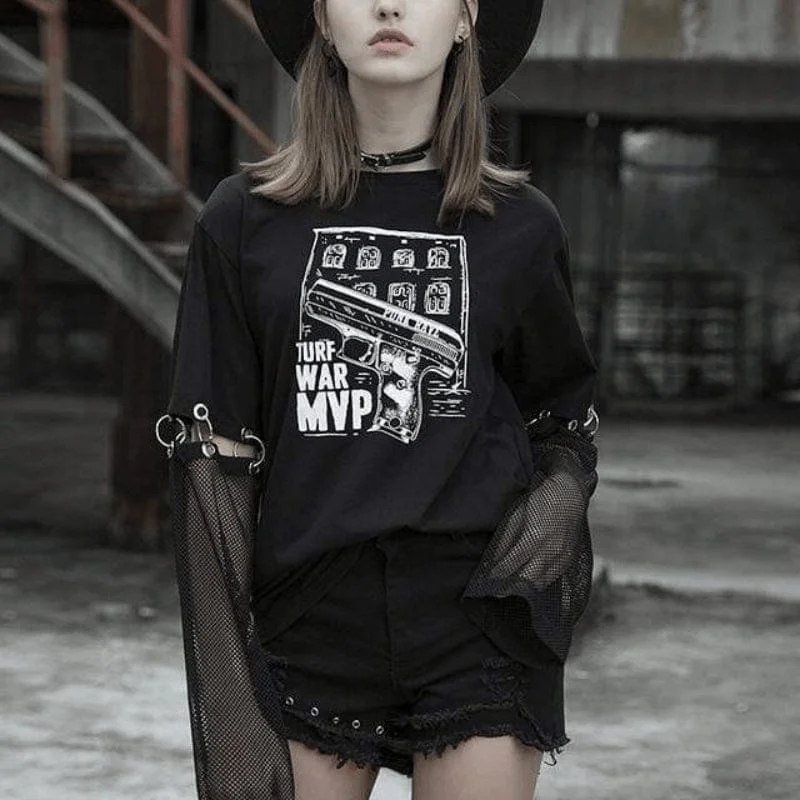 Women's Punk Printed Loose Black T-Shirt With Detachable Sleeves