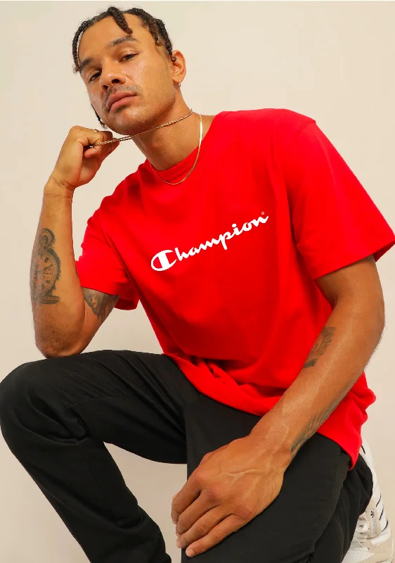 Champion Mens Script Logo Short Sleeve Tee Red <br> AXQPN GJR