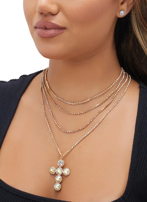 Cubic Zirconia Cross Layered Necklace with Stud Earrings