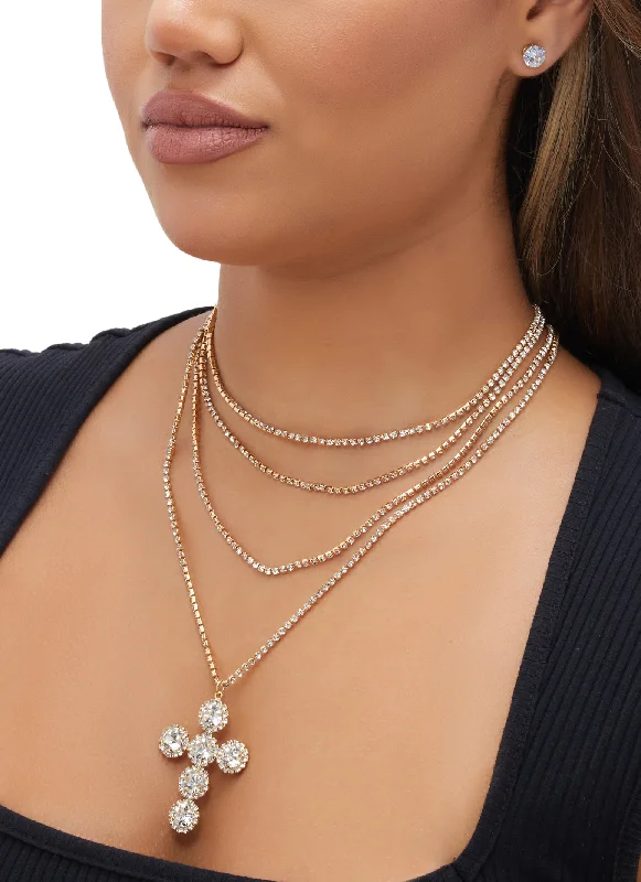 Cubic Zirconia Cross Layered Necklace with Stud Earrings