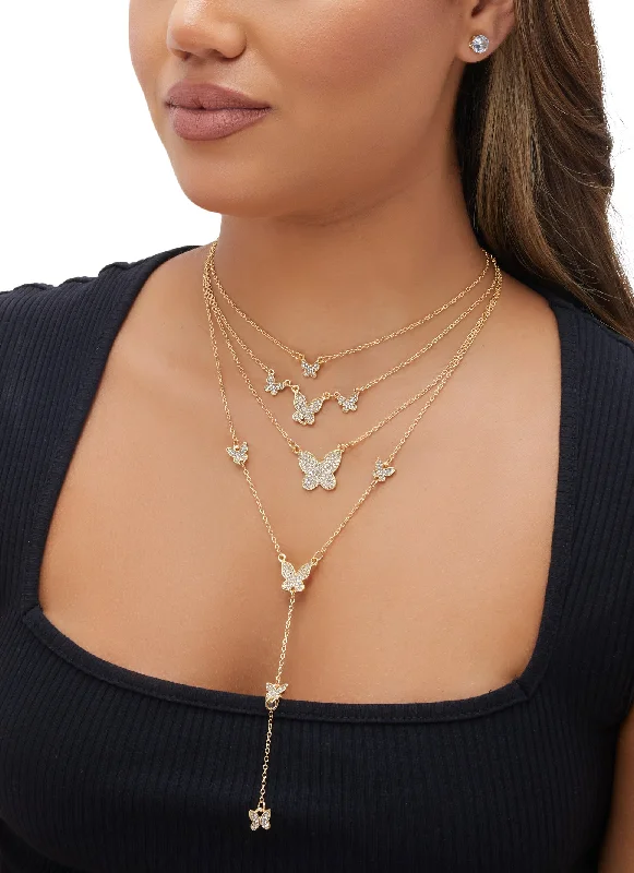 Rhinestone Butterfly Layered Necklace with Stud Earrings