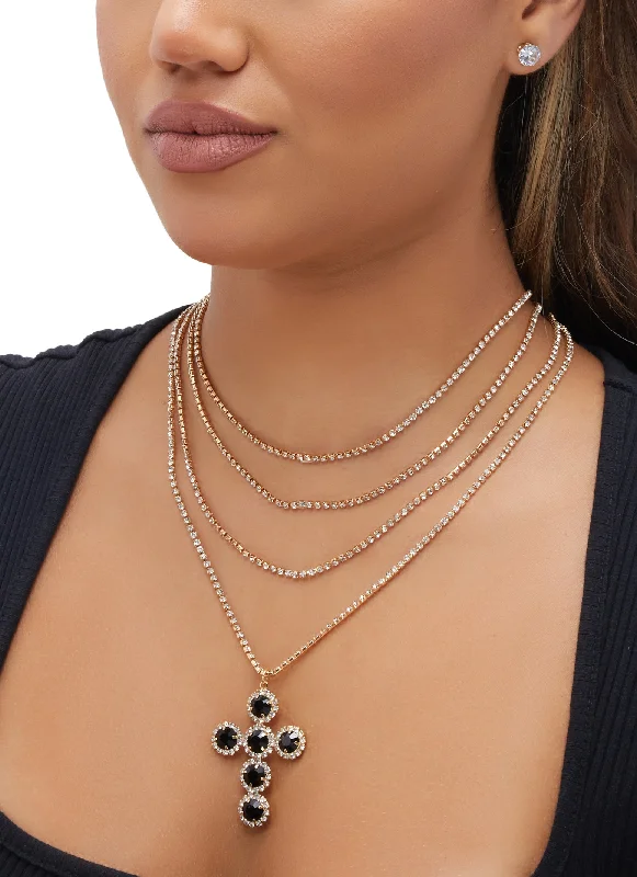 Cubic Zirconia Cross Layered Necklace with Stud Earrings