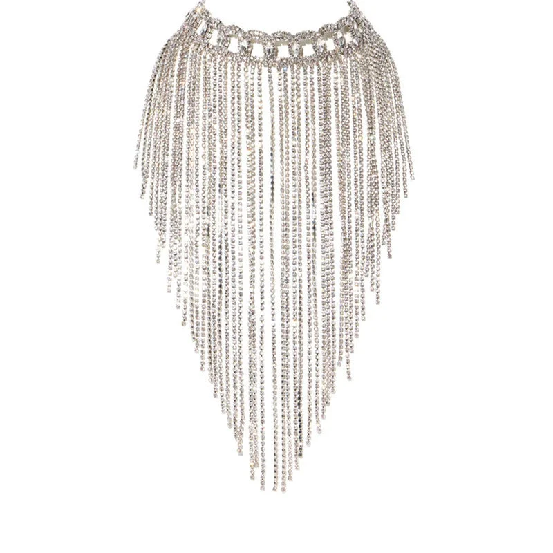 SHIHAN 2023 New Silver Western Gold Plate Jewelry Long Tassel Fringe Exaggerated Rhinestone Necklace Choker Chain For Women