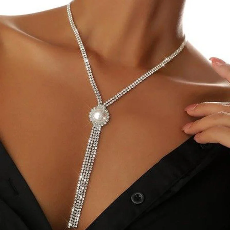 SHIHAN New Fashion Full Rhinestone Long Necklace Ladies Imitation Pearl Necklace 2023 Jewelry Silver Crystal Shiny Necklaces